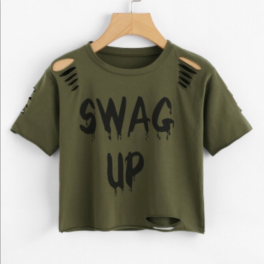 Army green crop top shirt.